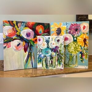 Cottage Garden Flowers Wall Art Stretched Canvas w/ Enhanced Brush Strokes Set/3